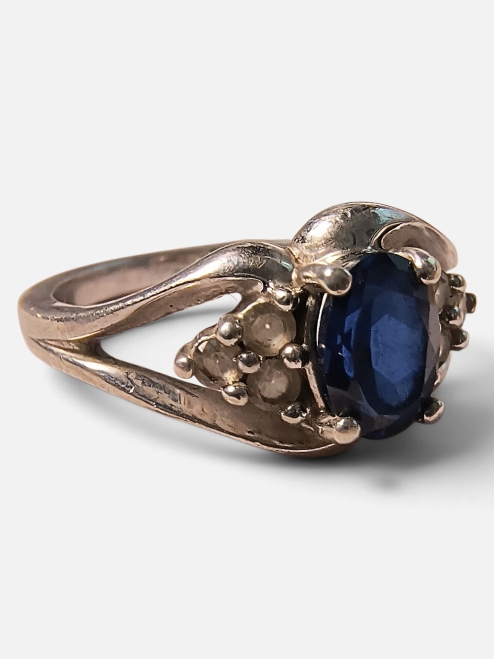 Classic Blue Sapphire Sterling Silver Ring With Clear Accent Stones